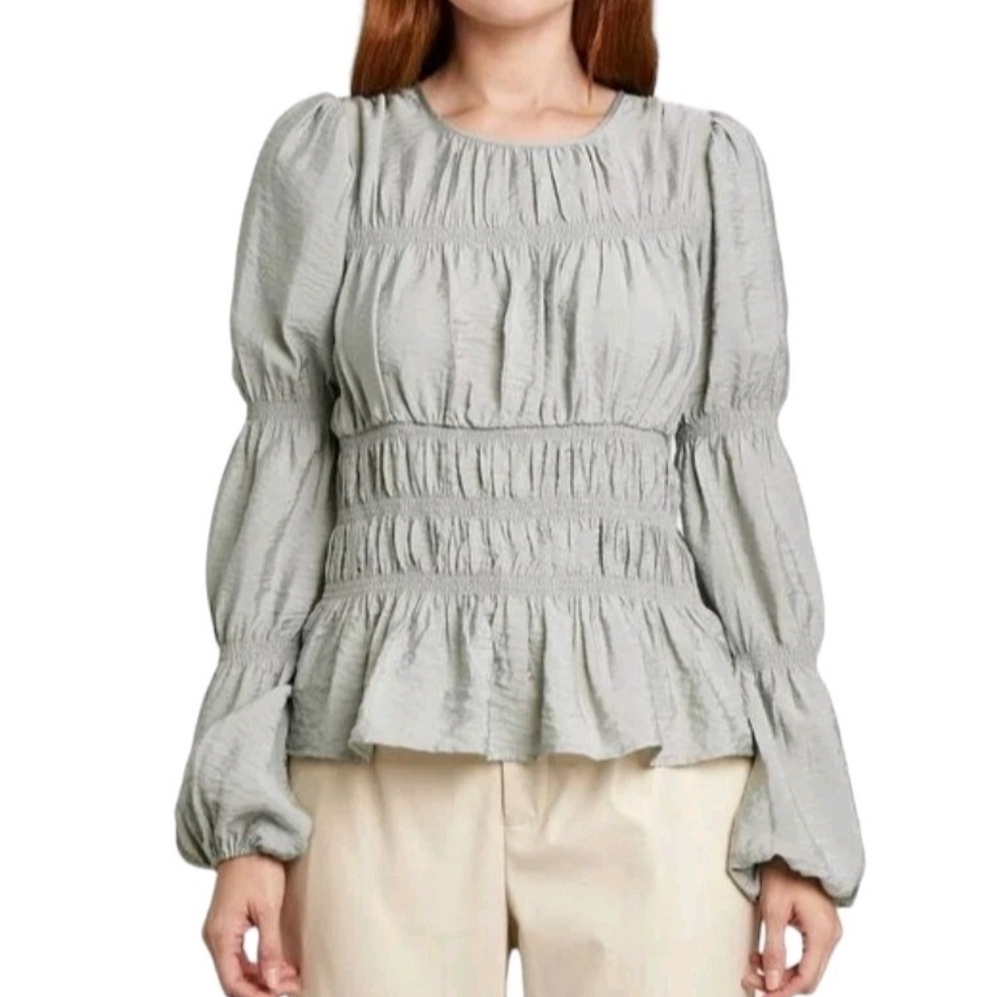 NWT Prologue Tiered Long Puff Sleeve Cinched Waist Blouse Quiet Luxury L